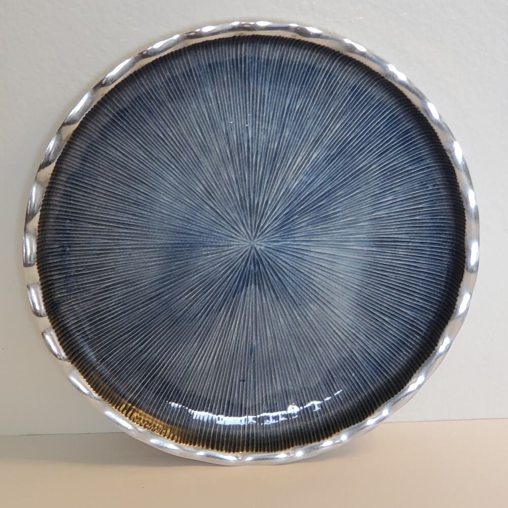 Simply Designz Enamel Cake Plate  Blue Aluminum Enamel Round Fluted Platter 11"